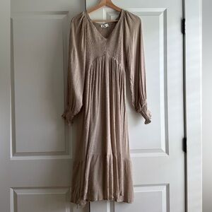 In Bloom Tan Pleated Tiered Sundress with Bishop Sleeves